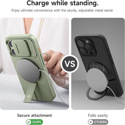 SURITCH for iPhone 15 Pro Case with Magnetic Camera Slide Cover and Adjustable Kickstand, Compatible with MagSafe, Shockproof Bumper Case Slim Protective Cover 6.1 Inch, Green