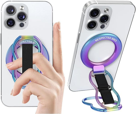 RESPECTED-BRO-Magnetic-Phone-Grip-Stand-with-Finger-Strap, 4-in-1 Magnetic Ring Holder, Kickstand and Elastic Strap for Phones, Universal Fit for iPhone 17/16/15/14/13/12, Android and Cases (Colorful)