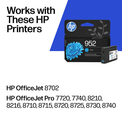 HP 952 Cyan Ink Cartridge | Works with OfficeJet 8702, Pro 7720, 7740, 8210, 8710, 8720, 8730, 8740 Series | L0S49AN