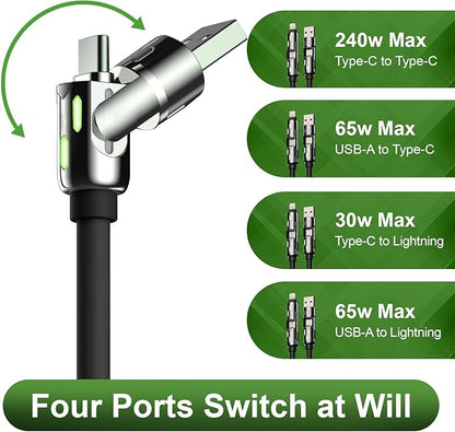 KerrKim 240W 4-in-1 Multi Fast USB Charging Cable with Breathing Light, USB A Type C Lightning Cable for iPhone 16 15 14 13 12 11 Pro Max iPad Samsung Galaxy MacBook iPad Tablets & More (6FT, Black)