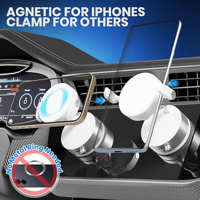 Upgraded 360° Adjustable Vacuum Magnetic Phone Holder, Vacuum Magnetic Suction Phone Mount with Clamp Foldable Phone Holder for Car/Gym/Mirror/Smooth Surface, Suitable with All Smartphones (White)
