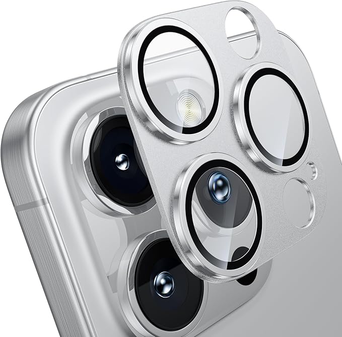WSKEN for iPhone 16 Pro/iPhone 16 Pro Max Camera Lens Protector, [Military Grade Shatterproof] [Strong Adsorption] Metal Aluminum Alloy Tempered Glass Camera Screen Protector, Silver Titanium