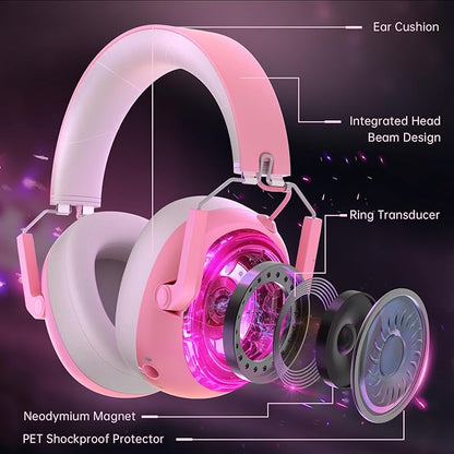 Wireless Gaming Headset for PS5, PS4, PC, NES, Bluetooth 5.3 Gaming Headsets Wireless with Noise Canceling Microphone, Gamer Headphones for Nintendo Switch, 50H Battery - Pink