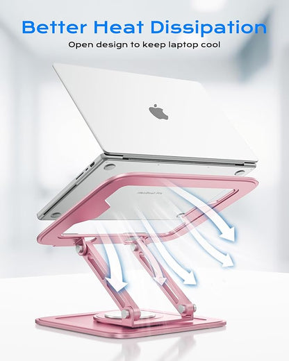 Adjustable Laptop Stand, Computer Stand with 360 Rotating Base, Ergonomic Laptop Riser Mount for Desk Foldable Protable Computer Desk Fits with MacBook Pro Air (10-16") - Pink