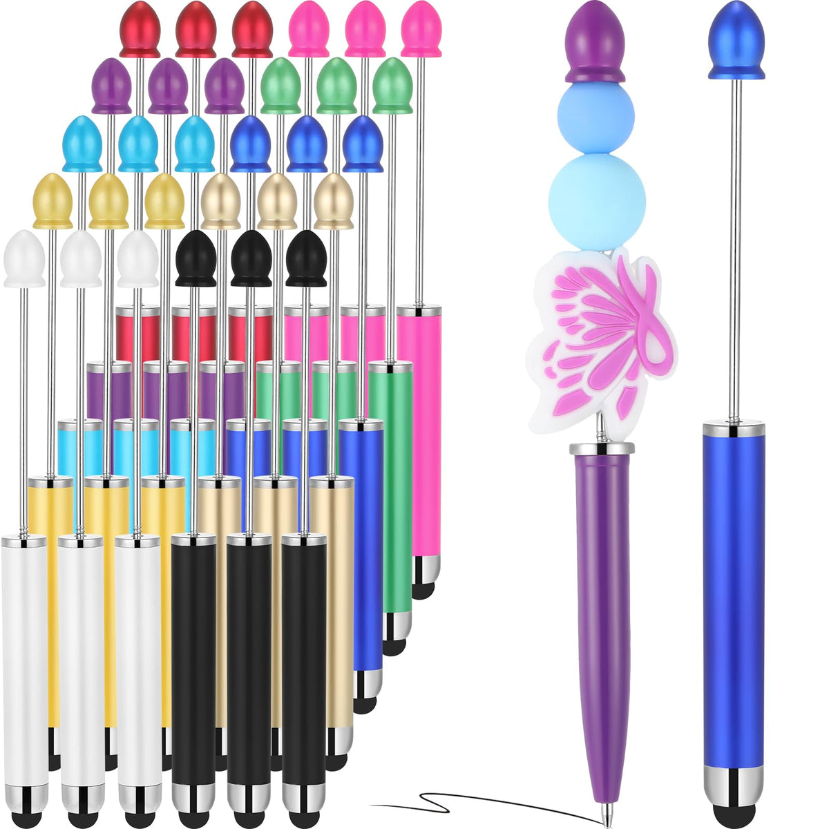 Qilery 30 Pcs Beaded Pens with Stylus Tips Plastic Beaded DIY Stylus 2-in-1 for Rubber Touch Screen Handwriting Ballpoint Pen 1.0mm, Black Ink, Office Supplies(Colorful)