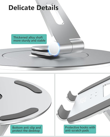 Laptop Stand with Phone Holder, Adjustable Laptop Stand with 360 Rotating Base, Aluminum Computer Mount Holder, Ergonomics Laptop Riser for Desk, Fits MacBook, up to 17.3" All Notebooks Silver