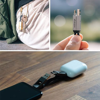 Rolling Square inCharge 6 - Keychain USB C Charger Cable, Lightning Cable and Micro-USB for Smartphone, Universal Cable Charger 6 in 1, USB Plug, 15W, Gray