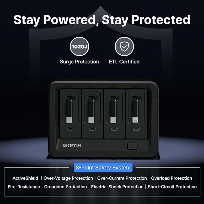 Gitryin 12-in-1 Desktop Charging Station with 3 Retractable Type-C Chargers and 1 Lightning Charger, 40W USB-C Power Strip with Flat Plug, Extension Cord with 1020J Surge Protection for Home Office