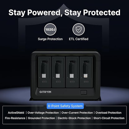 Gitryin 12-in-1 Desktop Charging Station with 3 Retractable Type-C Chargers and 1 Lightning Charger, 40W USB-C Power Strip with Flat Plug, Extension Cord with 1020J Surge Protection for Home Office