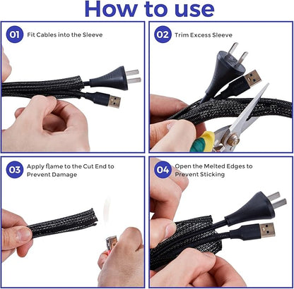 Cable Management Sleeves 1.2in - 2 Pack 4.1ft Split Braided Cable Sleeve Black, Hard PE Cord Protectors from Pets, Wire Organizers for Cords, Flexible Cord Wrap Wire Sleeve for Computer Cord Organizer