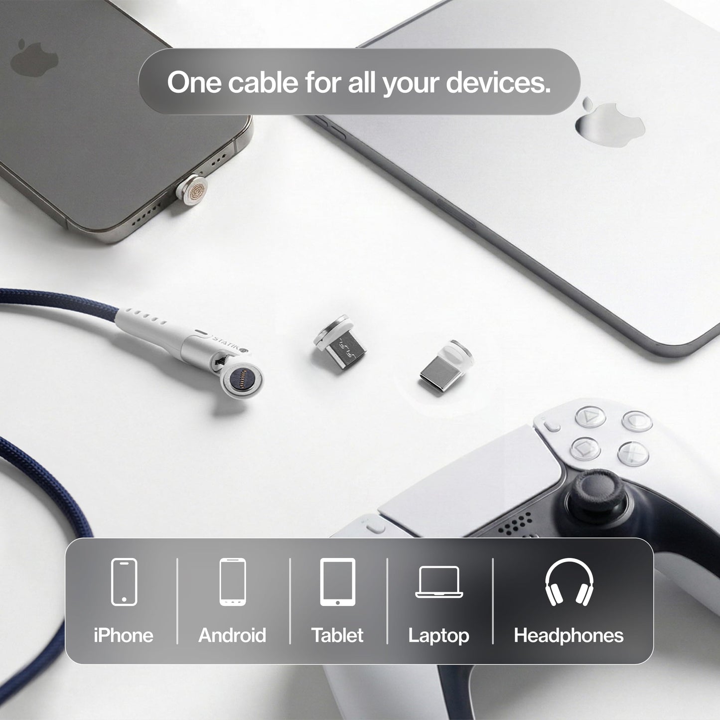 Statik 360 Pro Magnetic Charging Cable, USB-C Micro-USB Lightning Tips 100W