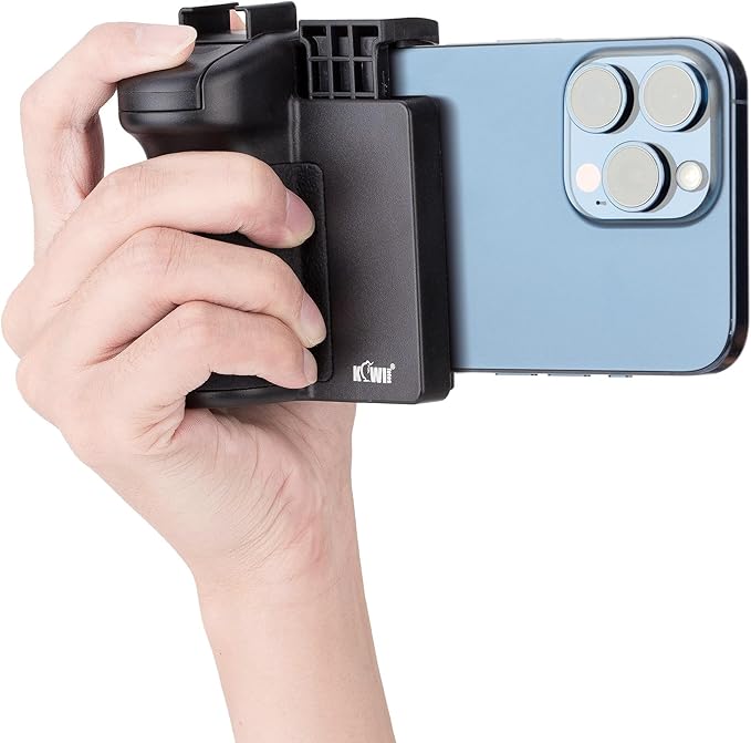 KIWIFOTOS Phone Camera Grip Handle Holder Phone Tripod Mount with Detachable Remote Shutter & Cold Shoe Adapter for iPhone 14 15 16 Pro Max Samsung Smartphone Selfie Vlog Video Shooting, Black