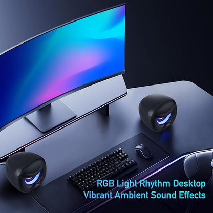 USB Powered Computer Speakers with RGB Blue Lighting 2.0 Stereo Sound System, Headphone Jack, Plug and Play, Works with PC/Laptop (USB-C Adapter Included)