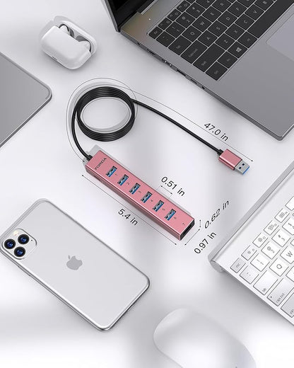 FORIDA USB Hub Long Cable 8 Ports multiport Adapter with 7-USB3.0 Data Ports and Type-C 5V/3A Power Port,USB Extender for Laptop PC and More (Rose Gold, USB A-47in)