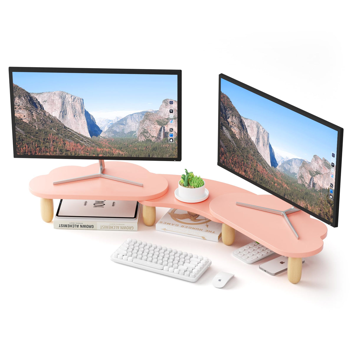 AFOOYO Dual Monitor Stand Riser, Wing-Shaped Sturdy Desktop Wood Stand for 2 Monitors, White Riser for Laptop, PC, Computer