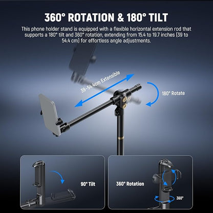 NEEWER BASICS Phone Floor Stand with Horizontal Extension Arm, Adjustable Bed Phone Holder Clamp Mount Compatible with iPhone 16 15 Pro Max Plus Samsung for Video Recording, Weighted Metal Base, ST009