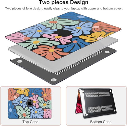 Compatible with 2021 2020 2019 2018 MacBook Air 13 inch Case M1 A2337 A2179 A1932 Touch ID, Crystal Printed Pattern Plastic Hard Shell Case for Mac Air 13 M1 2021, Colorful Flowers Black