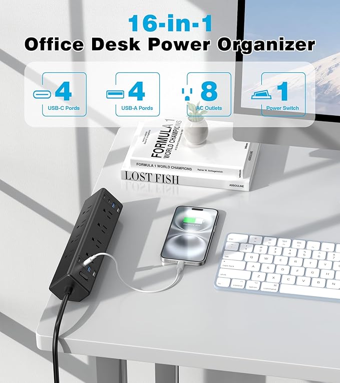 Desk Clamp Power Strip, 40W Total Fast Charging Station, Desk Edge Mount Power Strip, 8 USB Ports(4 USB C) & 8 AC Outlets, Fit 1.9" Tabletop Edge(6Ft 14AWG Cable)