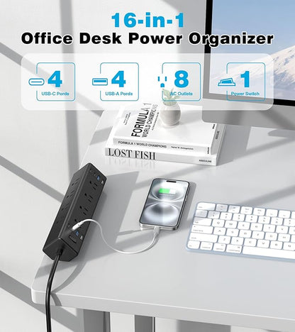 Desk Clamp Power Strip, 40W Total Fast Charging Station, Desk Edge Mount Power Strip, 8 USB Ports(4 USB C) & 8 AC Outlets, Fit 1.9" Tabletop Edge(6Ft 14AWG Cable)