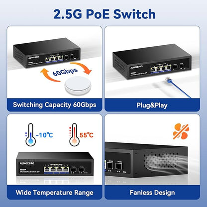6 Port 2.5G PoE Switch,AUMOX PRO 4 Port 2.5G Network Unmanaged Switch with 2x10G SFP Gigabit Ethernet Unmanaged PoE Switch 75W,Compatible with 100/1000/2500Mbps Plug and Play