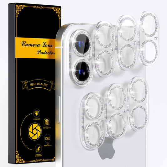 beuxece for 6 Pack iPhone 17 / iPhone 16 / iPhone 16 Plus Camera Lens Protector [Drop Protection] [Easy Installation] 9H Tempered Glass Camera Screen Protector Cover Accessories, Glitter Silver