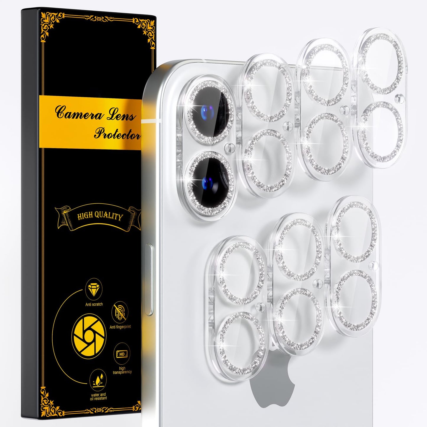 beuxece for 6 Pack iPhone 17 / iPhone 16 / iPhone 16 Plus Camera Lens Protector [Drop Protection] [Easy Installation] 9H Tempered Glass Camera Screen Protector Cover Accessories, Glitter Silver