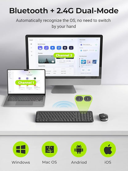 seenda Bluetooth Keyboard and Mouse for iPad, Multi-Device Bluetooth + 2.4G Wireless Keyboard Mouse with Tablet Holder for MacBook/Windows Computer, iOS/Andriod Tablet Phone, Black