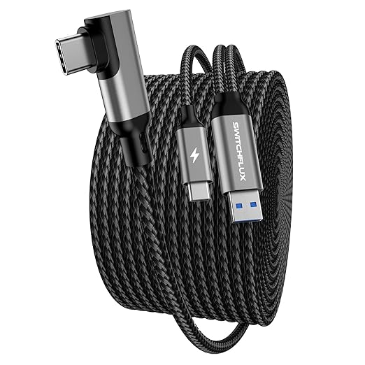 SWITCHFLUX 16FT VR Charging Link Cable | USB 3.0 High-Speed Data & Charge for Meta Quest 3S/3/2/Pro, Pico 4 and PC/SteamVR USB-C Charger Cord for VR Headset - Gray