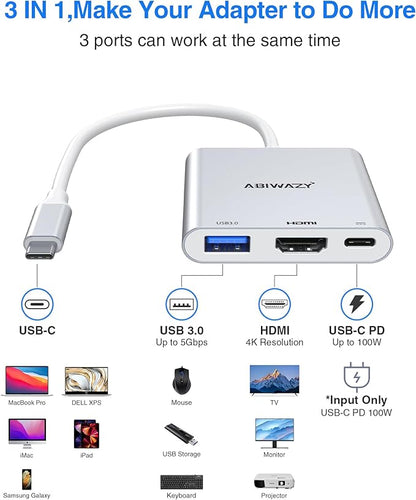 USB C to HDMI Adapter, 4K HDMI to USB-C Multiport Hub Adapter with 100W PD & USBA 3.0 Port, Type C Digital AV Converter for iPad Pro,MacBook Pro/Air,iPhone 15/16,Switch,TV, Monitor and More(Silver)