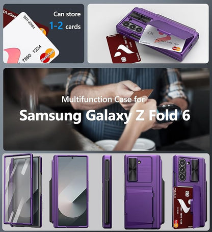 Vihibii for Samsung Galaxy Z Fold 6 Case with S Pen Holder & Card Holder & Slide Camera Cover & Screen Protector & Hinge Protection, Heavy Duty Rugged Wallet Case for Galaxy Z Fold 6, Dark Purple
