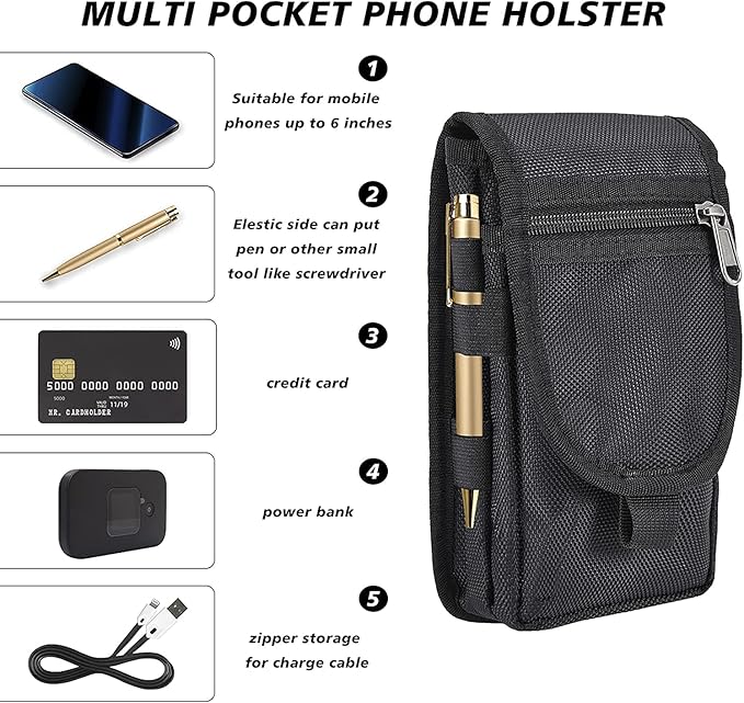 2 Packs Large Smartphone Pouch, Phone Pouch, Cell Phone Holster, Multi-Purpose Tool Holder, Tactical Carrying Case Belt Loop Pouch Men’s Waist Pocket for Hiking, Camping,Rescue Essential