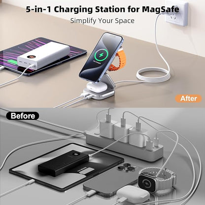 5-in-1 Wireless Charger for MagSafe, AC ISLAND Portable Travel Charging Station, 15W Max Fast Foldable Magnetic Stand, Evolved for iPhone 16/15/14/13 Series, Apple Watch, AirPods (with 35W Adapter)