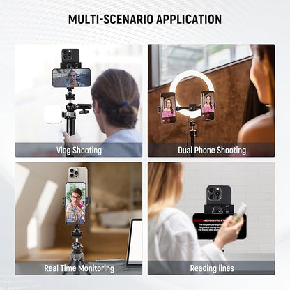 NEEWER Metal Phone Tripod Mount Adapter with Arca QR Base, 360° Rotatable Dual Cell Phone Clip Clamp Holder with 4 Cold Shoes Compatible with iPhone Samsung for Vlog Live Stream Video Recording, SP-08