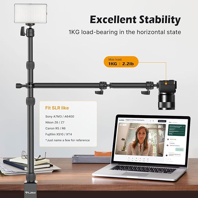 PICTRON LS11 Camera Mount Desk Stand with Auxiliary Holding Arm, Flexible Overhead Camera Webcam Table C-Clamp Multi Stand for Photography Videography Live Stream