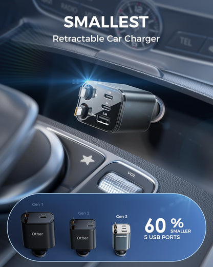 2026 Compact SUPERONE Retractable Car Charger with USB C & Apple Cables