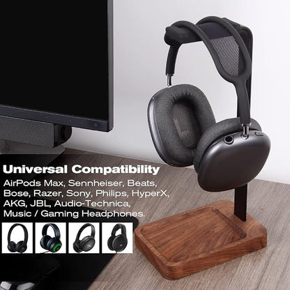 Walnut Wood & Aluminum Headset Holder, Desktop Headphone Stand, Universal headphone holder for most music gaming headsets - Black Walnut