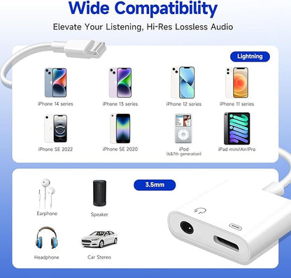 [Apple MFi Certified] 2-in-1 Charging & Audio Adapter for iPhone, Lightning to 3.5mm Headphone Jack Dongle Splitter, Supports Hi-Res Lossless Sound, Compatible with iPhone 14/13/12/11/XS/XR/8/7 5Pack