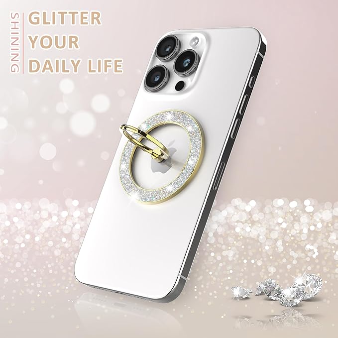 Magnetic Phone Ring Holder for MagSafe, Magnetic Phone Grip for iPhone, Compatible with iPhone MagSafe Wireless Charging. (Glitter Gold)