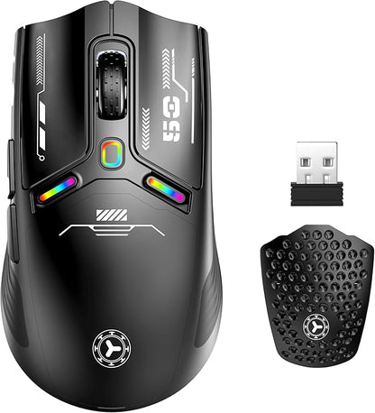 TENMOS M530 Wireless Gaming Mouse, 2.4G/Bluetooth/USB C Wired Rechargeable Mouse, 12000 DPI, RGB, 6 Programmable Buttons, Honeycomb Magnetic Cover, with Receiver Extender for Laptop/PC/Mac, Black