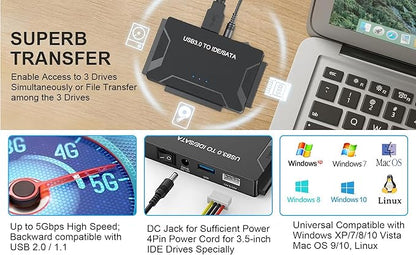 USB 3.0 to SATA IDE Adapter, Hard Drive Reader External Ultra Recovery Converter Compatible with 2.5" 3.5" HDD, SSD,5.25-inch DVD/CD-ROM Optical Drive Data Transfer with Power Supply