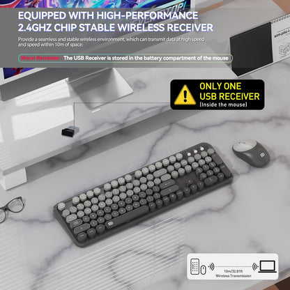 Wireless Keyboard and Mouse Combo, Retro Typewriter Style Round Keys, 2.4G Wireless Black and Grey Keyboard with Clicky Bubble Keys for PC Laptop and Desktop