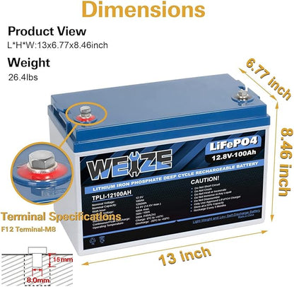 Weize 12V 100Ah TM LiFePO4 Lithium Battery, Built-in Smart BMS, Group 31 Deep Cycle Battery Perfect for Trolling Motor, RV, Solar, Marine, Overland/Van, and Off Grid Applications