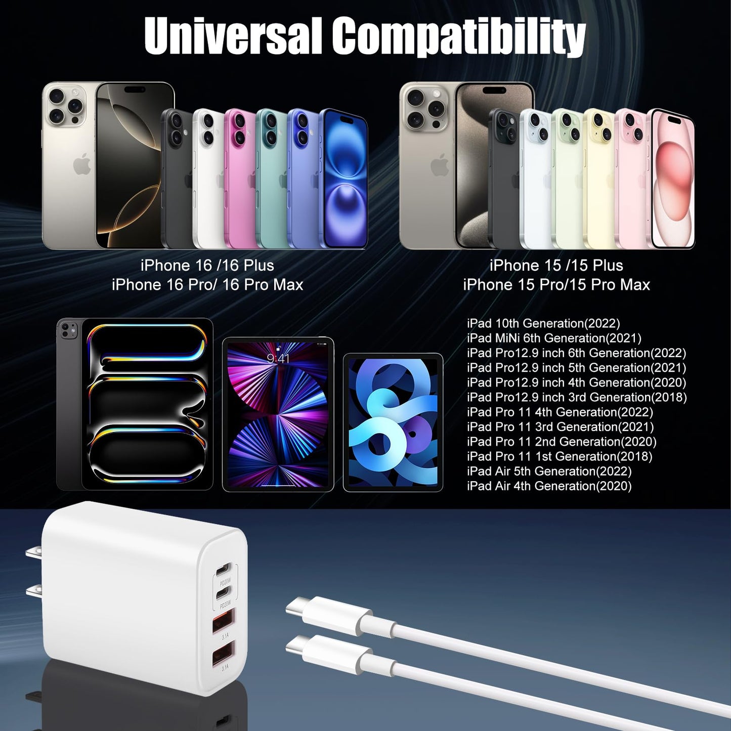 USB C Charger for iPhone 15,4-Port Fast iPhone 15 Wall Charger Block,2Pack 40W Multiport Quick USB C Wall Charger Plug Adapter,10FT USB C to C Cable for iPhone 15/15 Pro/15 ProMax/15 Plus,iPad Pro/Air