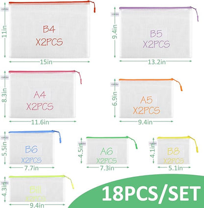 18 Pack 8 Size Mesh Zipper Pouch Bags, Waterproof Zipper Bags with Label Pocket,File Bags for Classroom Organization,Zipper Pouches of Office Supplies,Puzzles, Board Game Storage