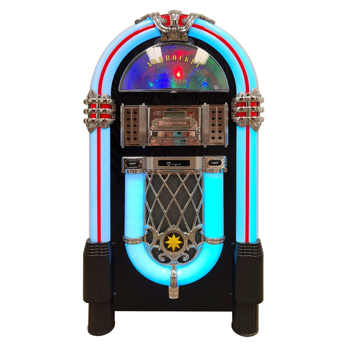 Arkrocket Saturn V Full Size Jukebox Vinyl Record Player Bluetooth USB SD CD Player Radio Retro Turntable Classic Jukebox 51 inch (Saturn V - Dark Oak)