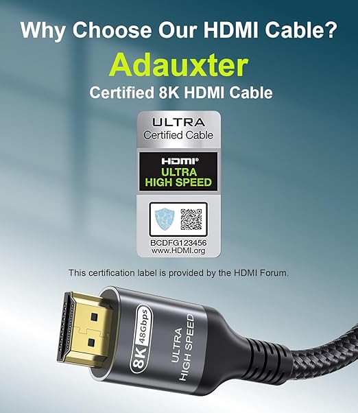 Certified 10K 8K HDMI 2.1 Cable 1.64 FT, 48Gbps Ultra High Speed HDMI Cable with Ethernet 4K 240Hz 165Hz 144Hz 120Hz 8K60Hz eARC HDCP2.3 HDR10+ PC Laptop TV Monitor Projector