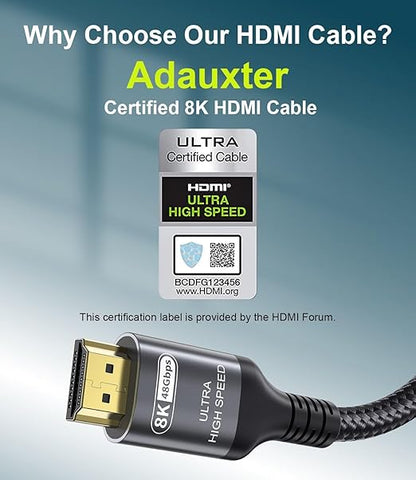 Certified 10K 8K HDMI 2.1 Cable 1.64 FT, 48Gbps Ultra High Speed HDMI Cable with Ethernet 4K 240Hz 165Hz 144Hz 120Hz 8K60Hz eARC HDCP2.3 HDR10+ PC Laptop TV Monitor Projector