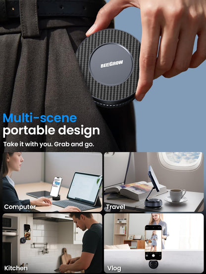 BEEGROW Magnetic Car Phone Holder for Magsafe, Alloy 360° Folding Cell Car Phone Mount with Ultra Stable Suction Cup and Reusable Gel, Dashboard Windshield Stand for iPhone 17-12 Android Pixel Samsung