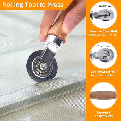 4 in 1 Window Screen Repair Tool Kit,Including 32Ft Spline(Diameter 0.137IN),Steel Roller Tool with Bearing,Spline Removal Hook and High Quality Scissors,for Installing Door and Window Mesh Screens.