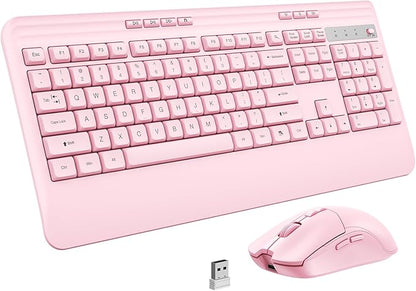 Wireless Keyboard and Mouse Set with Quiet Keys, 2.4G Full Size Ergonomic Keyboard with Wrist Rest, Protective Covers, Soft Touch Silent Design for Windows, Computer, PC and Laptop
